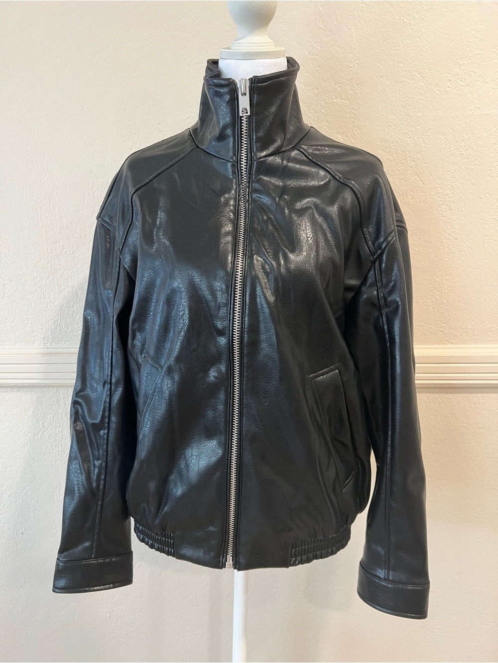 Stradivarius Classic Black Faux Leather Zip-Front Jacket